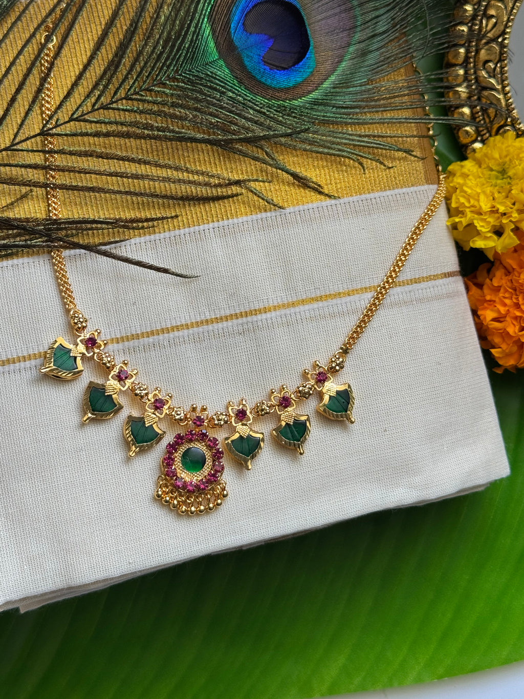 Palakka maala Green 3x3 Gold plated