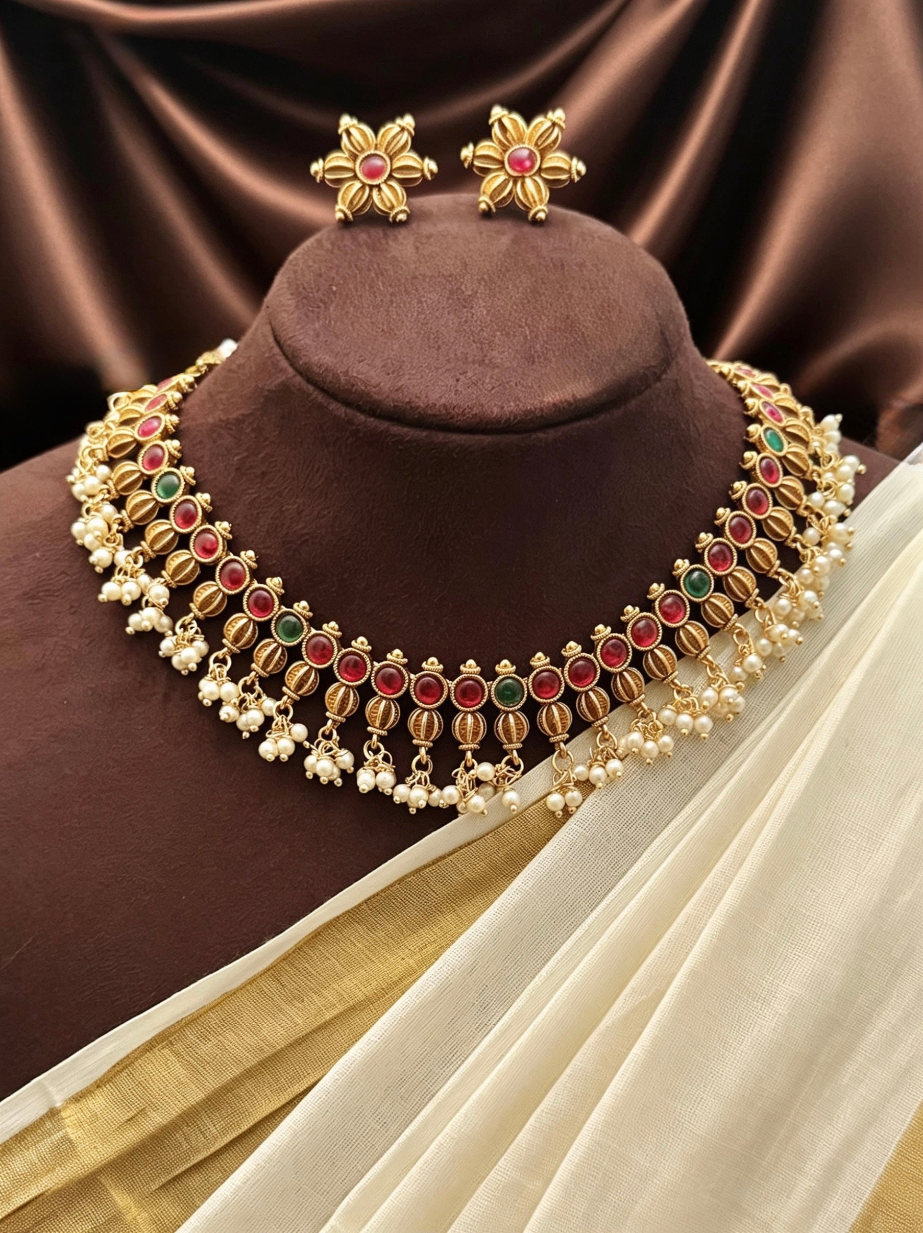 Necklace set with red and green accent stones